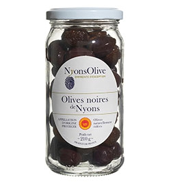 Glass jar black olives from Nyons PDO natural 210 g