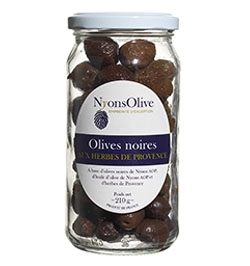 Glass jar black olives from Nyons PDO With herbs of Provence 210 g