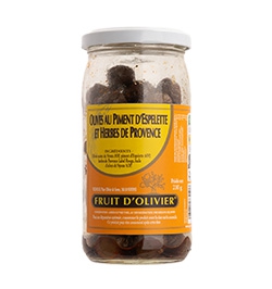 Glass jar black olives from Nyons PDO With herbs of Provence and Espelette pepper 210 g